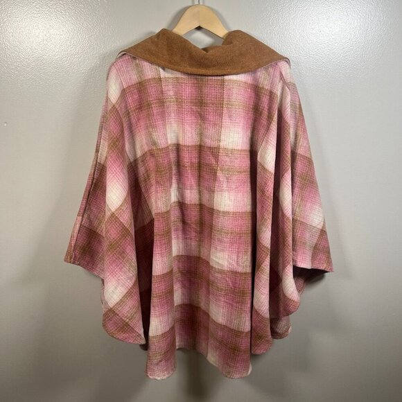 Free People Woodstock Brushed Plaid Poncho Cape Pink Brown One Size Fall Cozy - Picture 3 of 10
